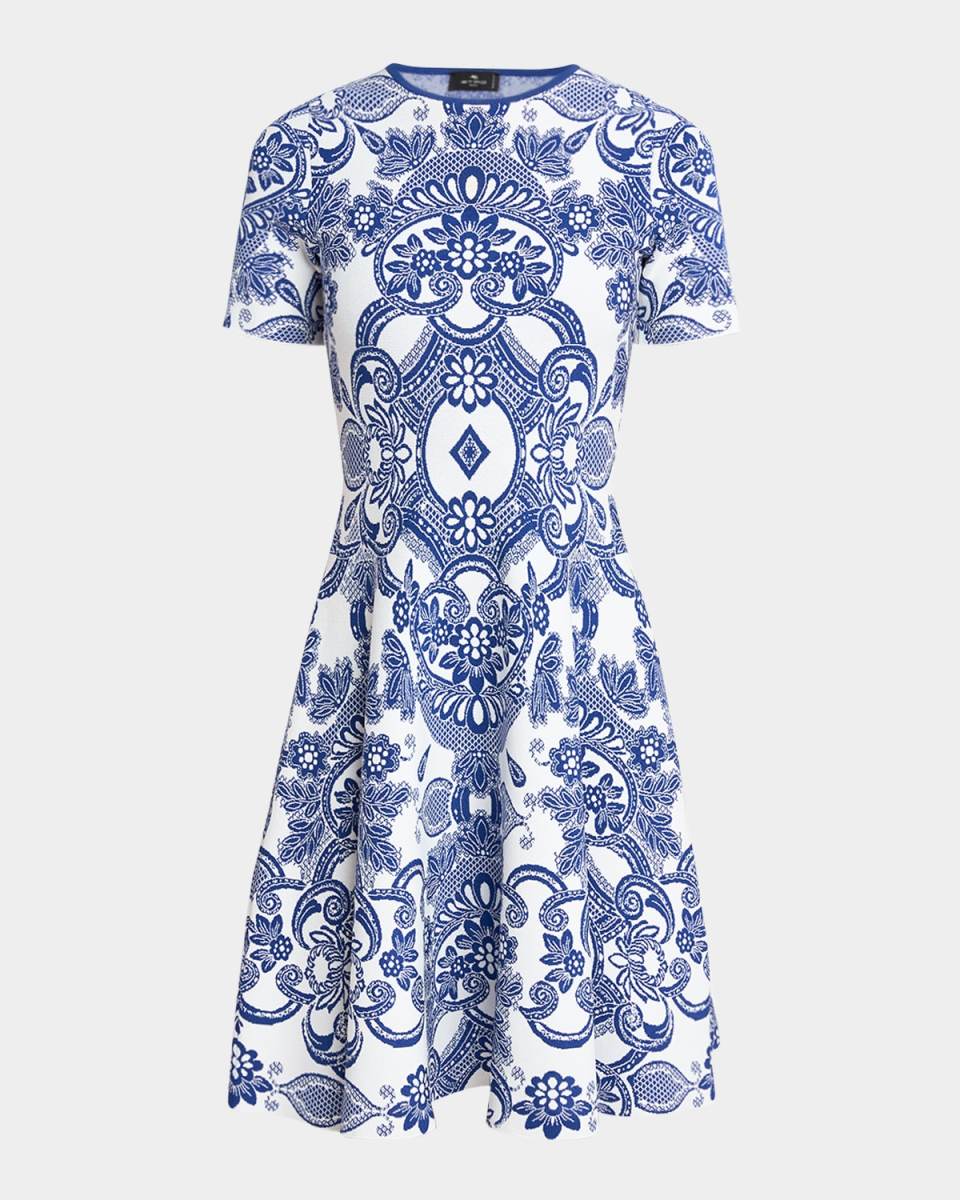 Blue Medallion Lace Effect Short-Sleeve Knit Dress